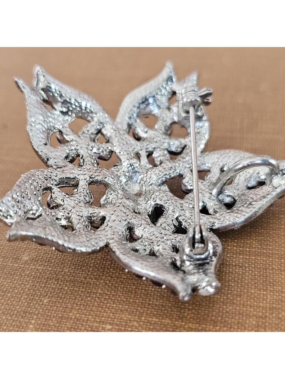 Vintage Blue Rhinestone Flower Brooch Silver Tone Layered Petal Aurora Borealis - Picture 4 of 5